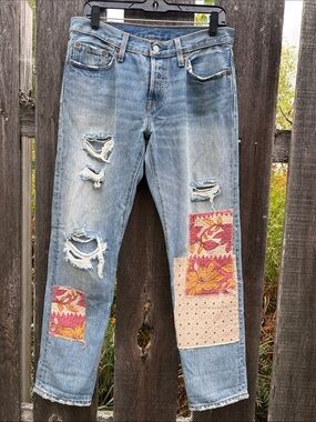 Women's Levi’s501CT customized and tapered Distressed Light Blue Patchwork Jeans